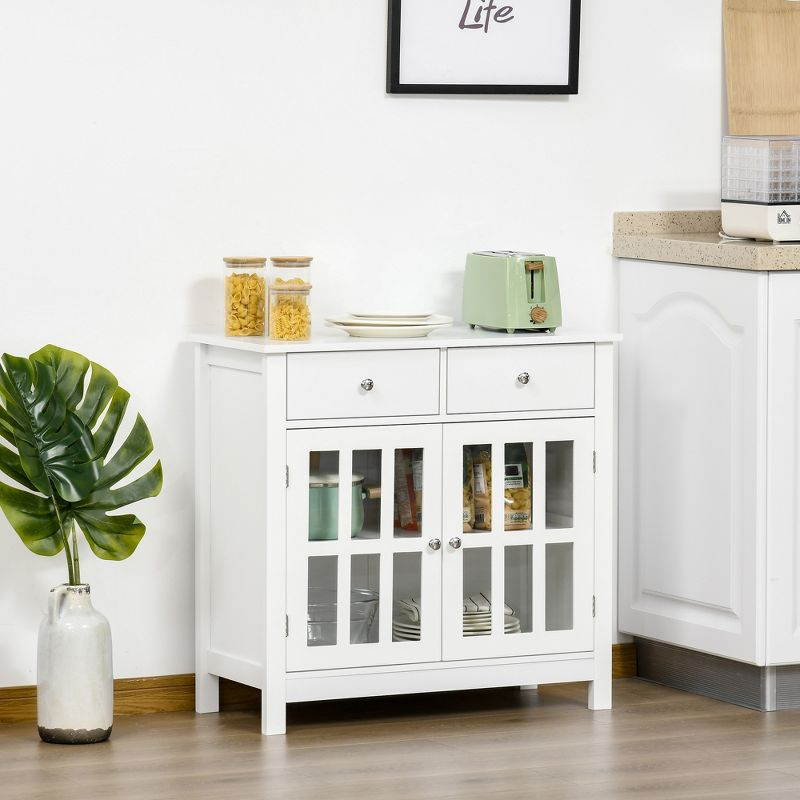 HOMCOM Sideboard Buffet Cabinet, Storage Cupboard with Glass Doors, Adjustable Shelf and 2 Drawers for Kitchen, White