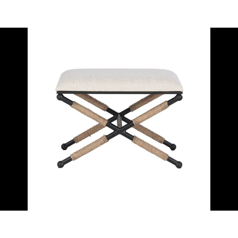 24" Ashburn Boho Rope Wrapped Campaign Accent Stool Ottoman Buff Beige Linen - Linon: Vanity, Bedroom Bench