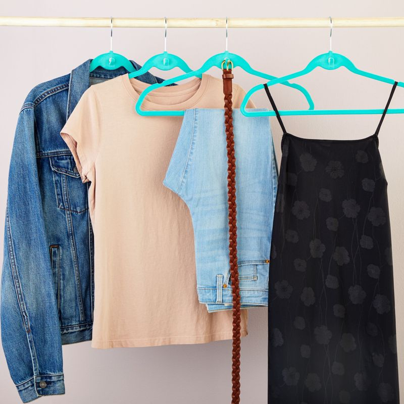 Juvale 50 Pack Non Slip Teal Velvet Clothes Hangers with Cascading Hooks Space Saving for Shirts, Coats, Pants, Suits, and Dresses, 17.5 Inches