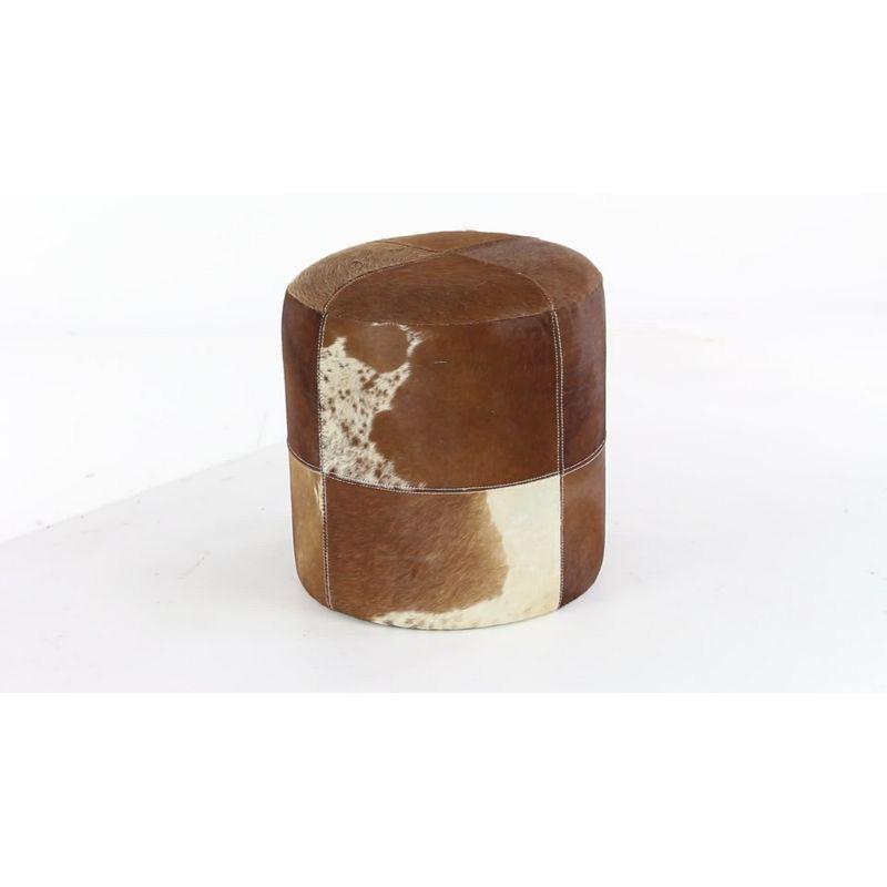 Olivia & May Wood and Leather Rustic Round Ottoman Brown: Contemporary Accent Stool, No Assembly Required