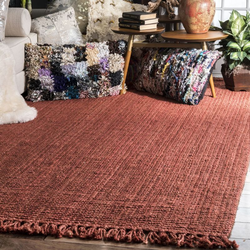 Nuloom 6x9 Daniela Jute Tassel Hand Woven Indoor Area Rug, Brick, Solid Chunky Farmhouse Design, Natural Fiber BedroomLiving Room