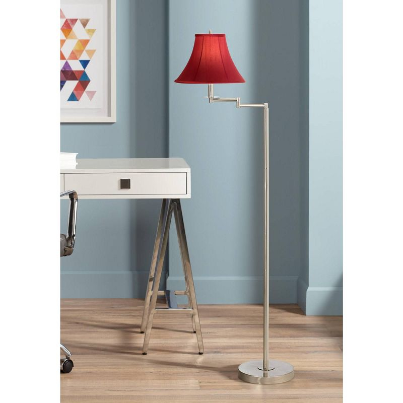 360 Lighting Modern Swing Arm Floor Lamp 60.5" Tall Brushed Nickel Red Silk Dupioni Bell Shade for Living Room Reading Bedroom Office