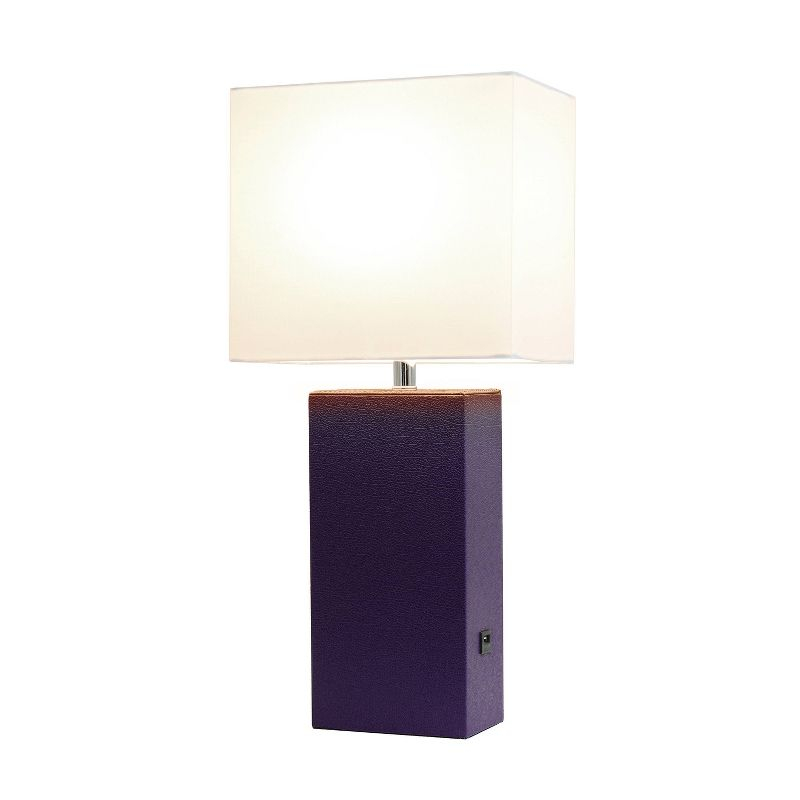Modern Leather Table Lamp with USB and Fabric Shade Eggplant - Elegant Designs: No Assembly, UL Listed