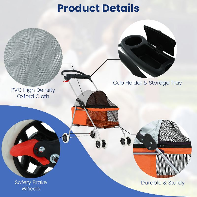 BestMassage Pet Stroller 4 Wheels Dog Cat Stroller Foldable Jogger Stroller, Orange