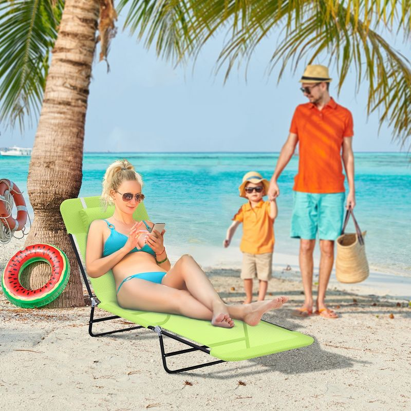Outsunny Foldable Outdoor Chaise Lounge Chair, 5-Level Reclining Camping Tanning Chair with Breathable Mesh Fabric and Headrest, Green