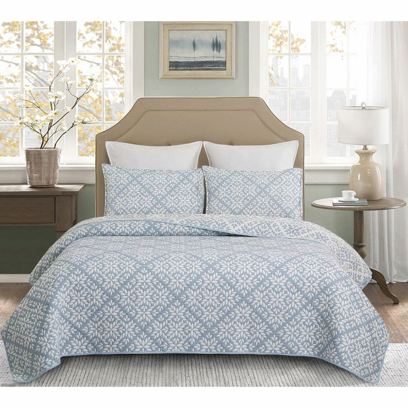 C&F Home Blue Leaves Jacquard Reversible Quilt Set