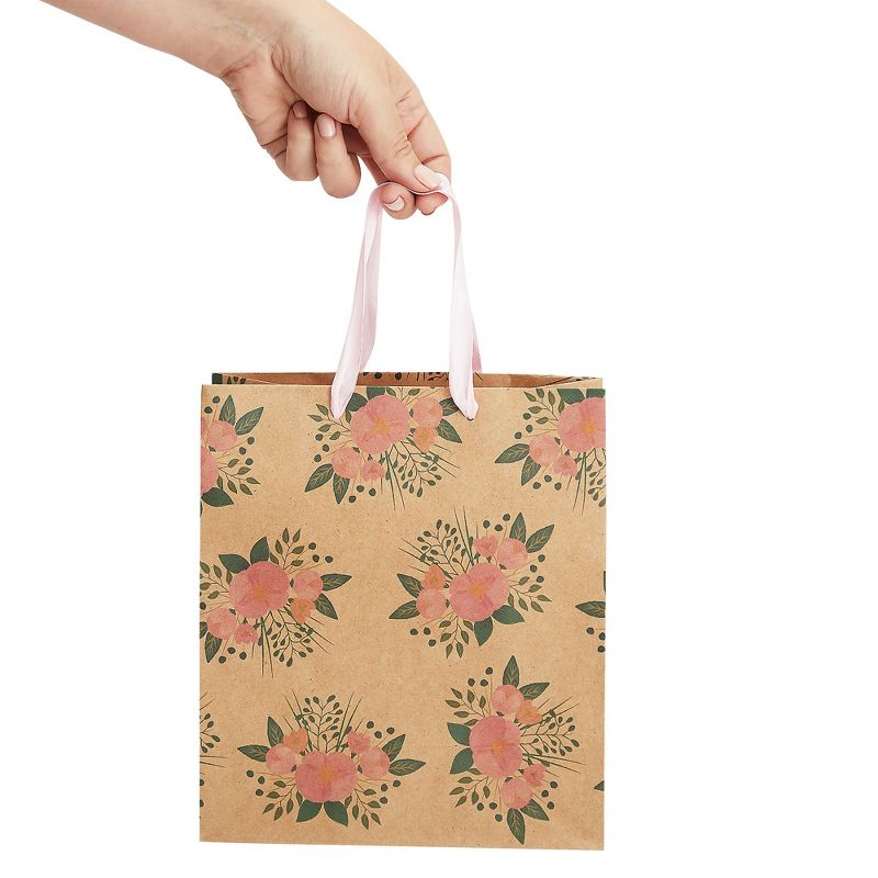 Juvale 24 Pack Kraft Paper Floral Gift Bags with Pink Ribbon Handles, 8x4x9 Inches, 2 Designs, For Themed Party Favors