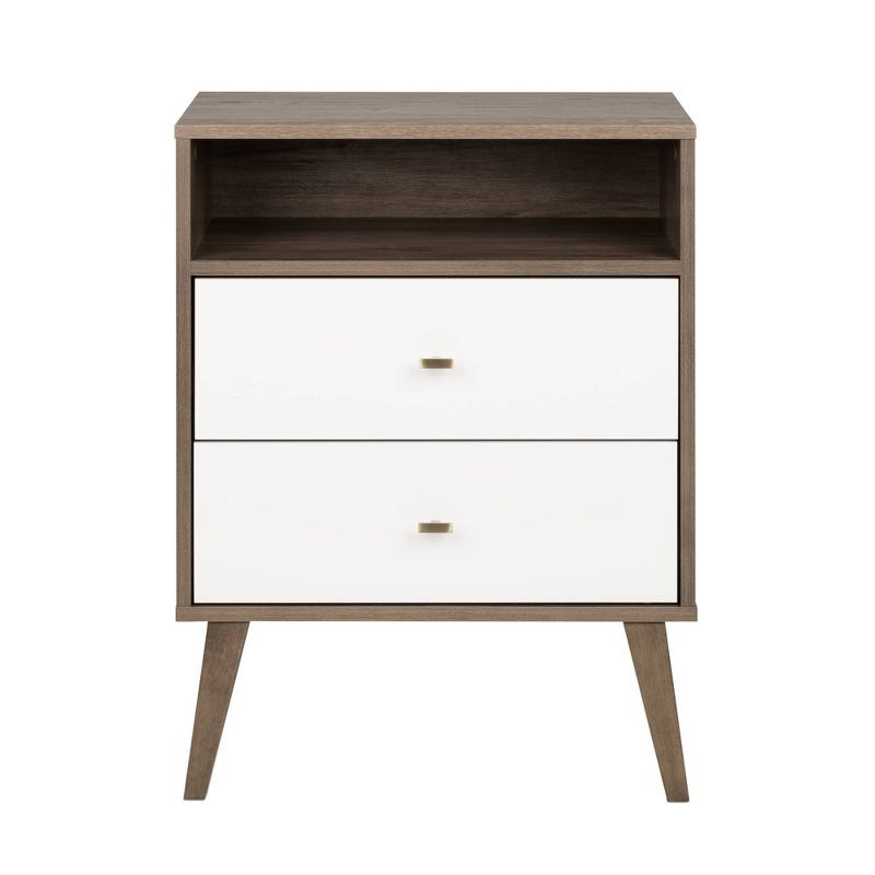 Milo Mid Century Modern 2 Drawer Tall Nightstand: Brass Knobs, Wood Legs - Prepac