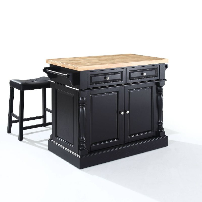 Oxford Kitchen Island with 2 Upholstered Saddle Stools Black - Crosley: Pass-Through Storage, Towel Bars, Wood Veneer