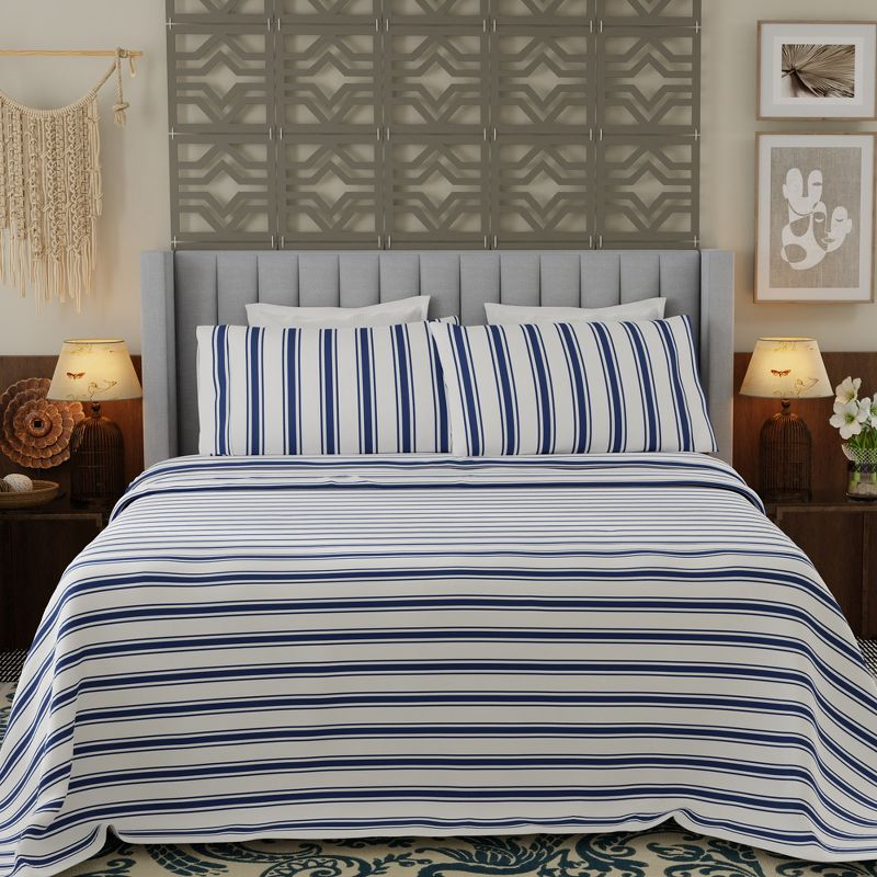 Color Sense Percale Weave Cool & Crisp Cotton Rich Sheet Set, King, Navy Stripe, 4 piece