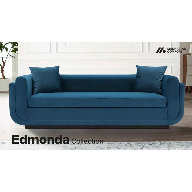 Edmonda Contemporary Velvet Upholstered Sofa with Pillows Sapphire Blue - Manhattan Comfort: Pine Wood Frame, Metal Base