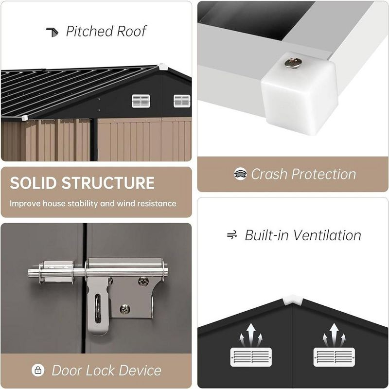 12x10 FT Outdoor Metal Storage Shed Garden Tool House With Lockable Doors and Vent Brown