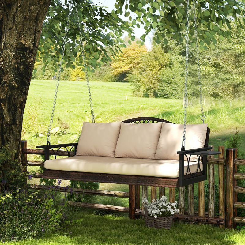Outsunny 3 Person Outdoor Hanging Wicker Porch Swing Bench with Cup Holders, Cushions, and Chains, 800 LBS Capacity for Garden Backyard, Brown