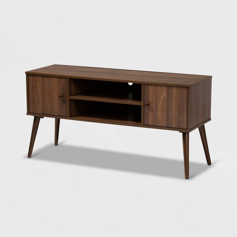 Alard 2 Door Wood TV Stand for TVs up to 50" Walnut - Baxton Studio: Mid-Century Modern Media Console with Fixed Shelves