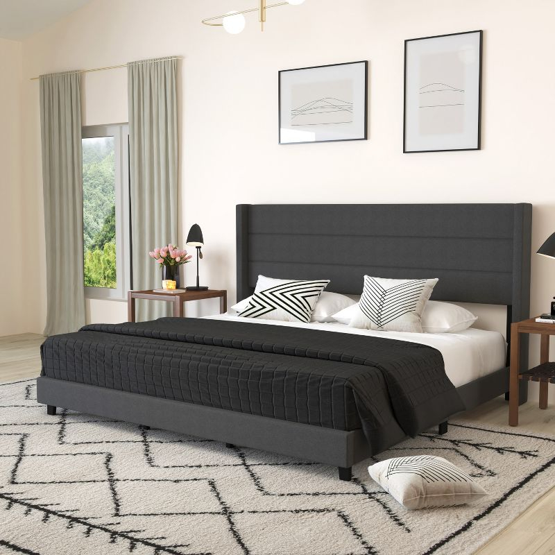 Merrick Lane Modern King Platform Bed with Padded Channel Stitched Charcoal Faux Linen Upholstered Wingback Headboard and 6" Underbed Clearance