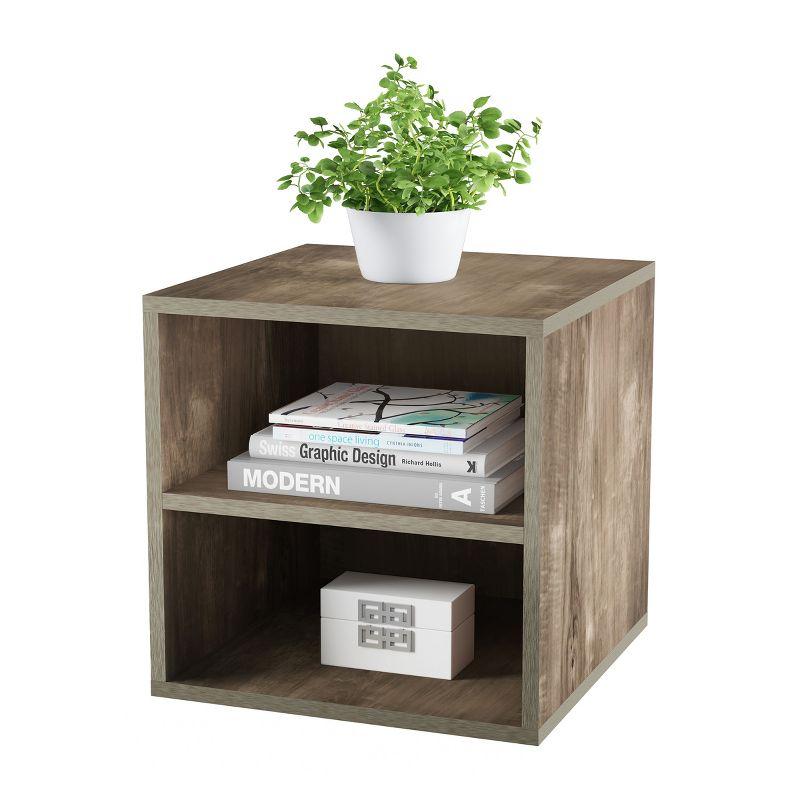 End Table - Stackable Contemporary Minimalist Modular Cube Accent Table Double Shelves for  Living Room or Office by Hastings Home (Gray)