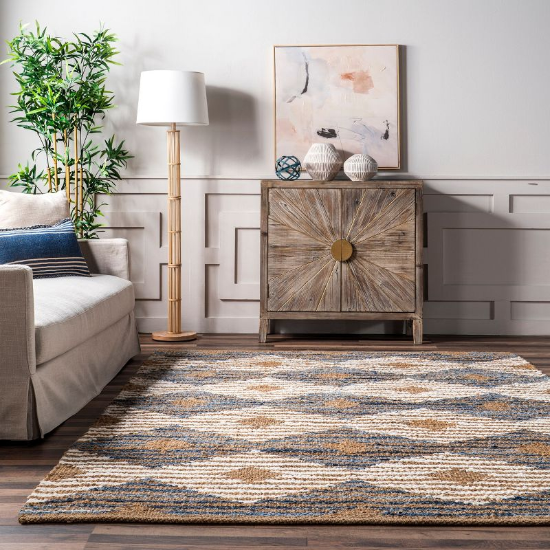 nuLOOM Hand Braided Marla Denim And Jute Diamonds Area Rug, Runner 2' 6" x 10', Off White