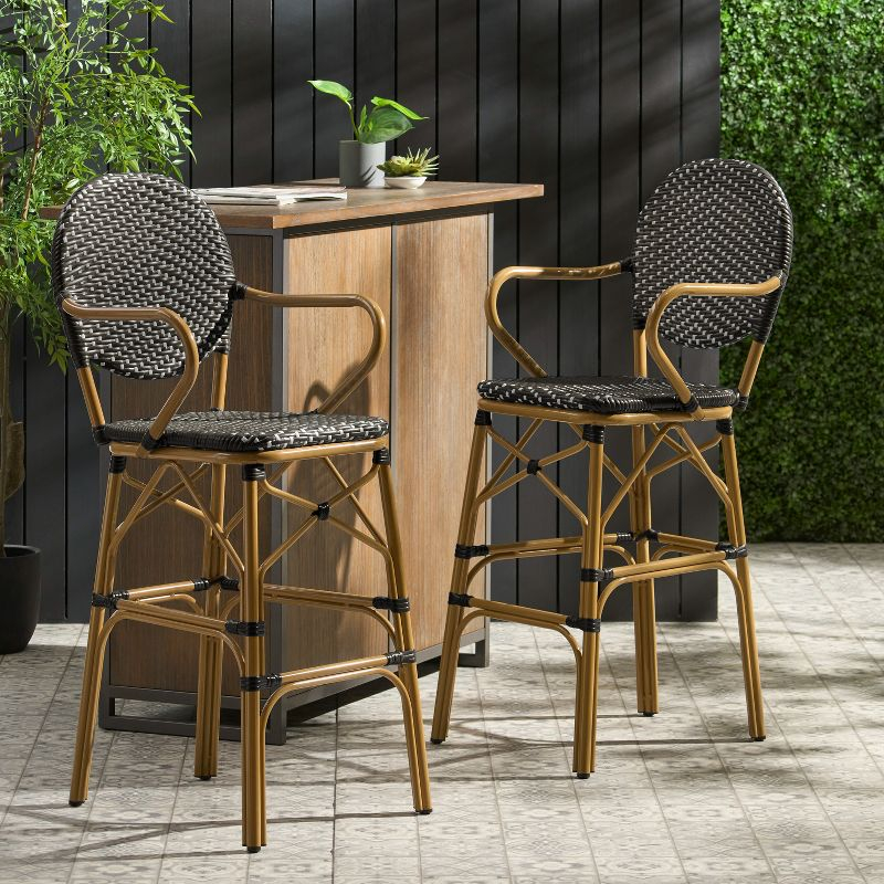 GDFStudio Danberry Outdoor Wicker and Aluminum 29.5 Inch French Barstools (Set of 2), Black