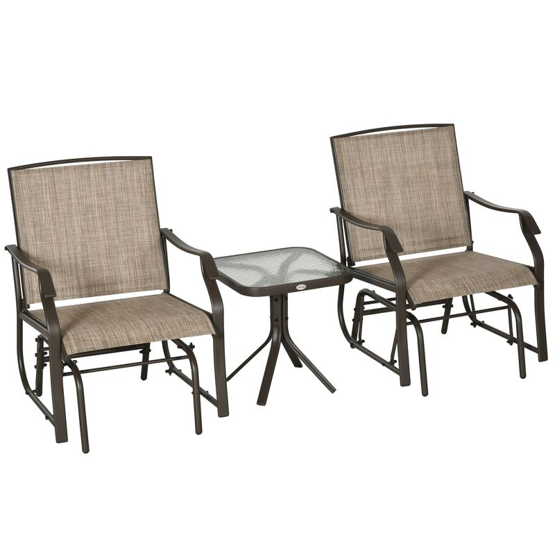Outsunny 3 Piece Outdoor Glider Chair with Coffee Table Bistro Set, 2 Patio Rocking Chairs with Breathable Sling Fabric, Glass Tabletop, Mixed Brown