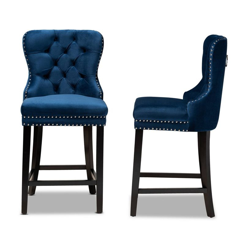 2pc Howell Modern Velvet Upholstered Wood Counter Height Barstool Set Blue/Brown - Baxton Studio: Polyester, Fixed Height