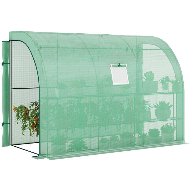 Outsunny 118" x 59" x 83.75" Outdoor Walk-In Greenhouse, Plant Nursery with Roll-up Window, PE Cover, and 3-Tier Wire Shelves, Green