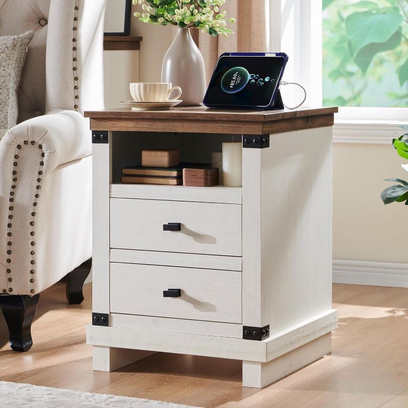 SinCiDo Nightstand with Charging Station, 18″ Farmhouse Night Stand with 2 Drawers, Wood Rustic End Table, Antique White