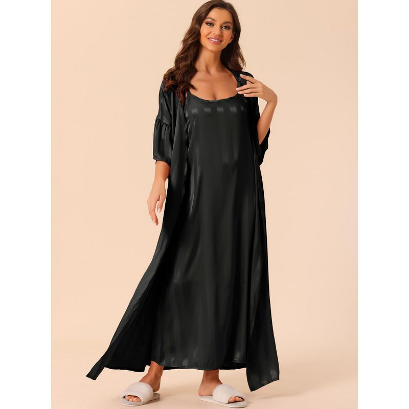 cheibear Women's 3/4 Sleeves Satin Silky Stripe 2 Pcs Pajamas Nightgowns with Robes Black X-Small