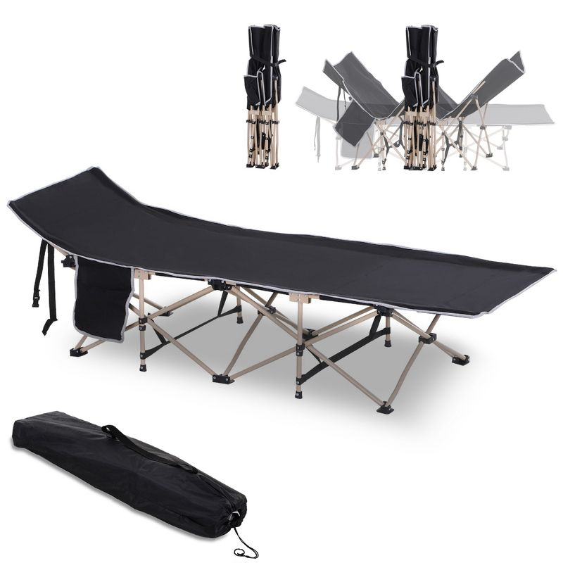 Outsunny Folding Camping Cot for Adults with Carry Bags, Side Pockets, Outdoor Portable Sleeping Bed for Travel Camp Vocation, Black