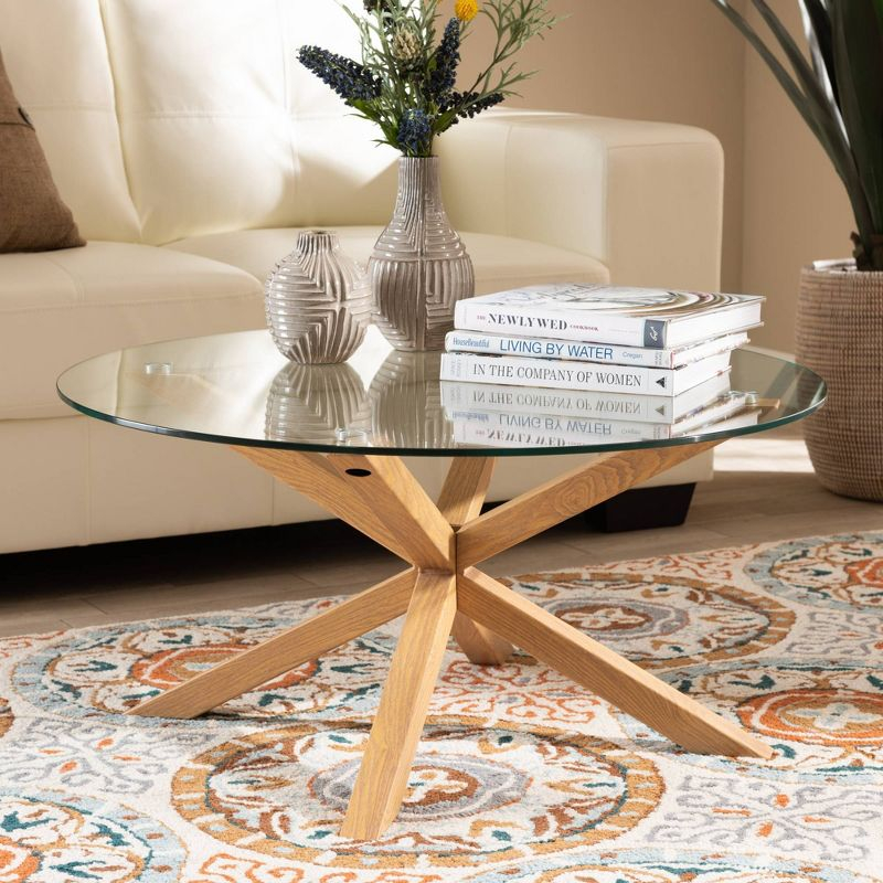 Lida Glass and Wood Finished Coffee Table Clear/Natural - Baxton Studio: Mid-Century Modern, 4 Point Leg Frame
