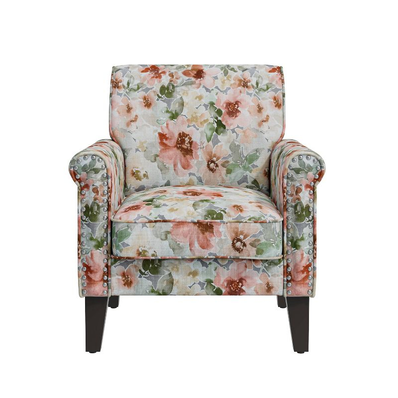Handy Living Janet Traditional Rolled Accent Armchair with Pewter Nailheads Floral Pattern Orange/Green
