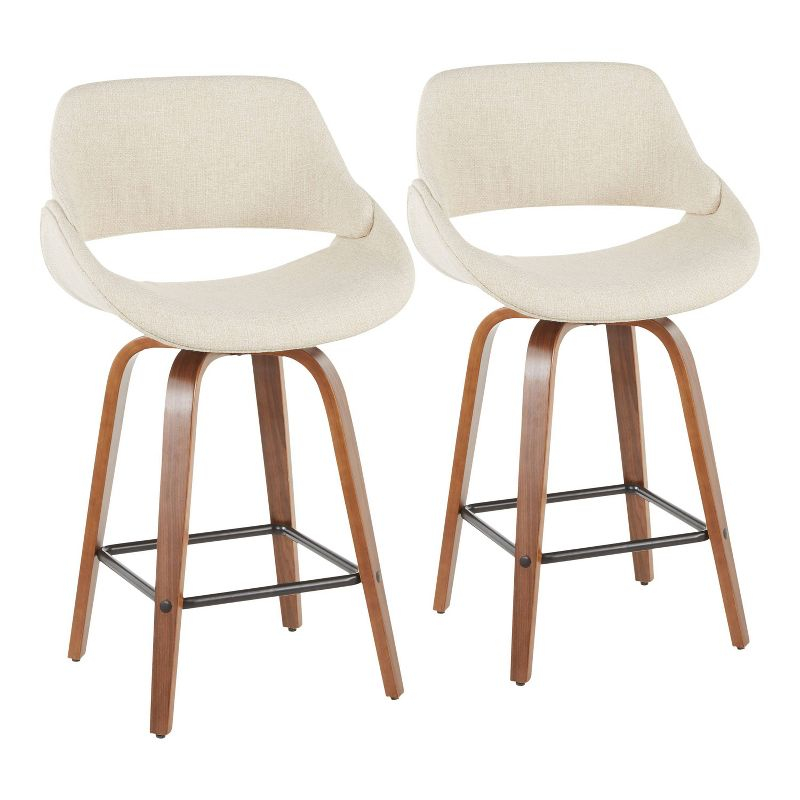 Set of 2 Fabrico Mid-Century Modern Counter Height Barstools Cream - LumiSource: Walnut Swivel Legs, Polyester Upholstery