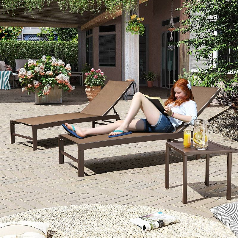 3pc Outdoor Five Position Adjustable Curved Aluminum Lounge Set Brown - Crestlive Products: Weather-Resistant Patio Furniture Set with Side Table