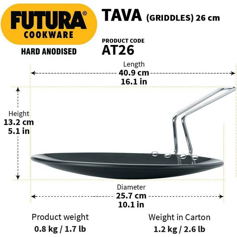 Hawkins Futura Hard Anodized Concave Tava Griddle with Steel Handle: Gas Compatible, Aluminum Surface, Hand Wash