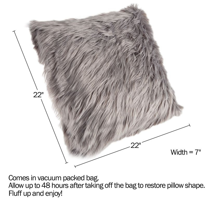 22-in. Plush Pillow Luxury Square Accent Pillow Insert and Shag Glam Cover Set for Bedroom or Living Room by Lavish Home (Gray)