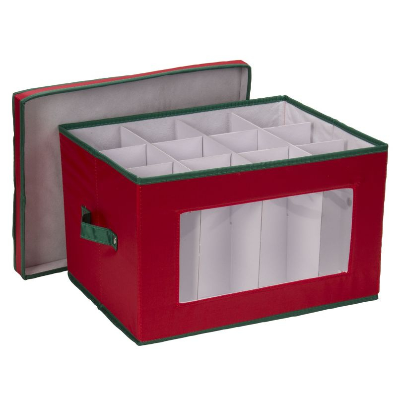 Household Essentials Holiday Stemware Storage Box, Windowed Storage with Lid, 12 Storage Compartments, Red with Green Trim
