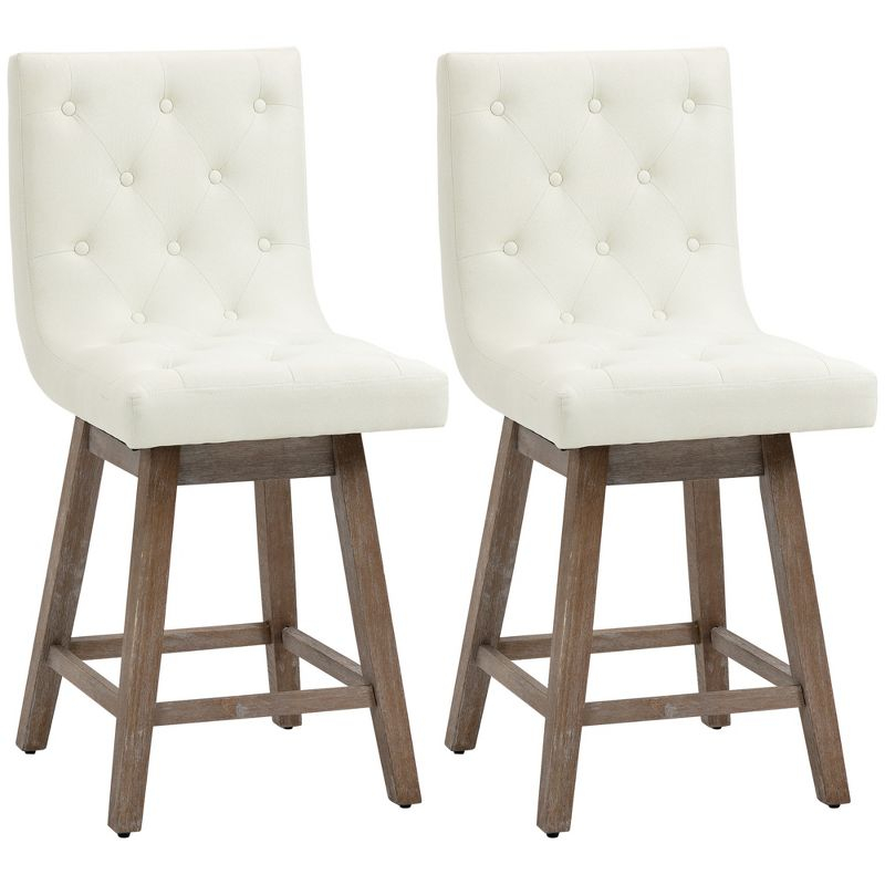 HOMCOM Bar Stools Set of 2, Swivel Bar Chairs, 25.5" High Fabric Tufted Breakfast Barstools for Kitchen Counter