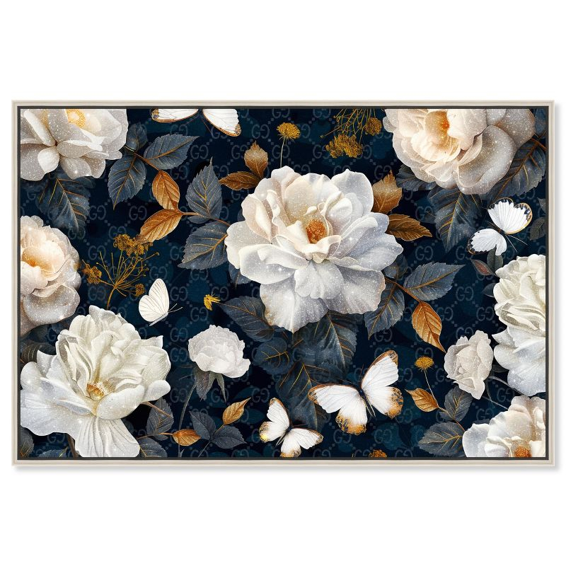 Art Remedy Navy Elegance Floral Elegant realistic Floral Wall Art, 54" x 36", Silver Frame