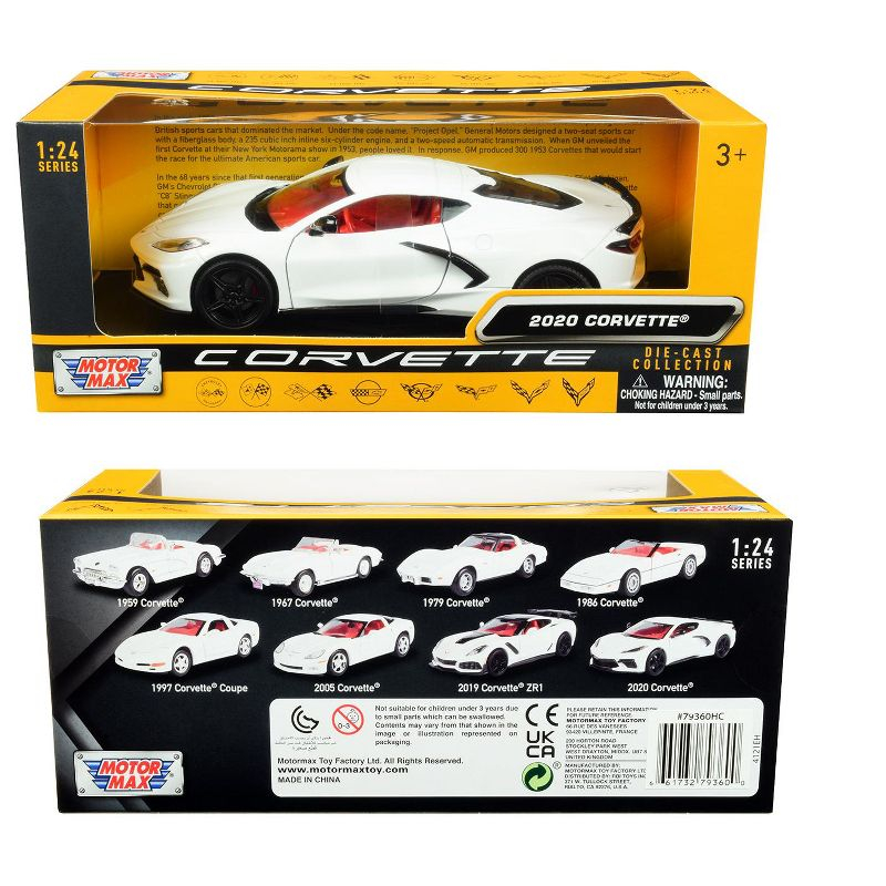 2020 Chevrolet Corvette C8 Stingray White with Red Interior "History of Corvette" Series 1/24 Diecast Model Car by Motormax
