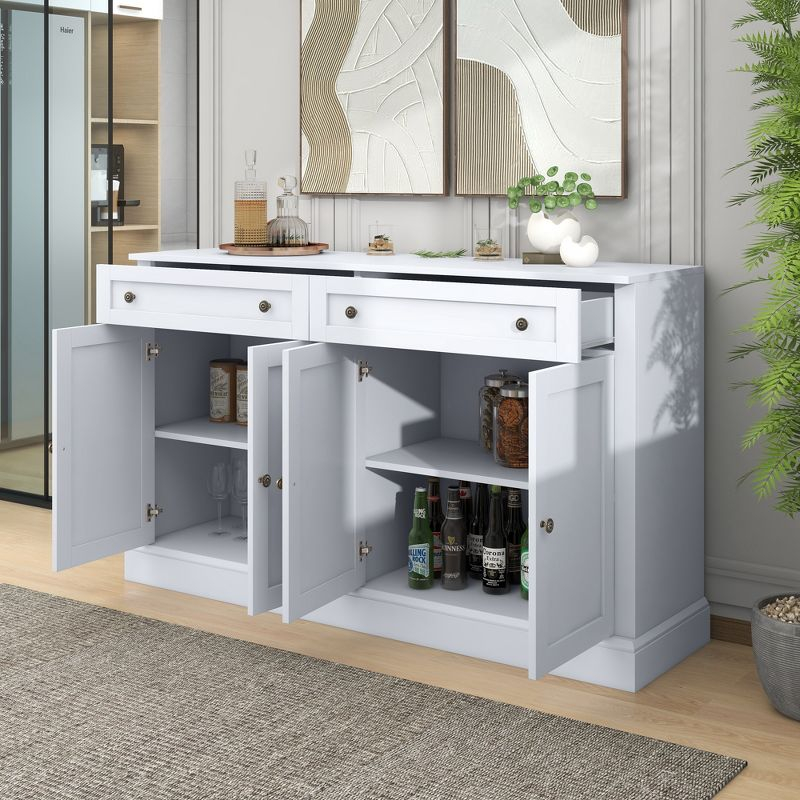 Sideboard Storage Buffet Cabinet with 2 Drawers & 4 Doors Adjustable Shelves, White-ModernLuxe