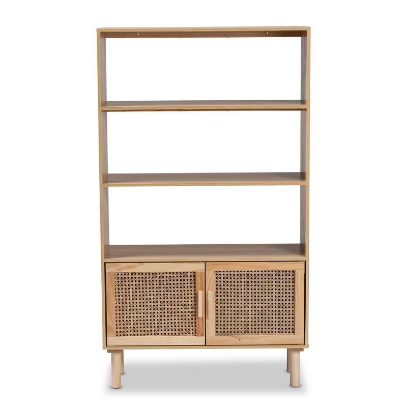 55.1" Faulkner Natural Wood Rattan 2 Door Bookcase Brown - Baxton Studio: Mid-Century Design, 3 Shelves