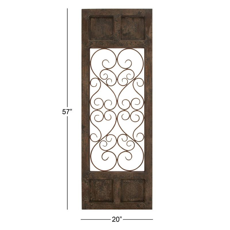 Olivia & May Traditional Wood Scroll Window Inspired Wall Decor with Metal Scrollwork Relief Brown: Vertical Iron Frame, Carved Art Object