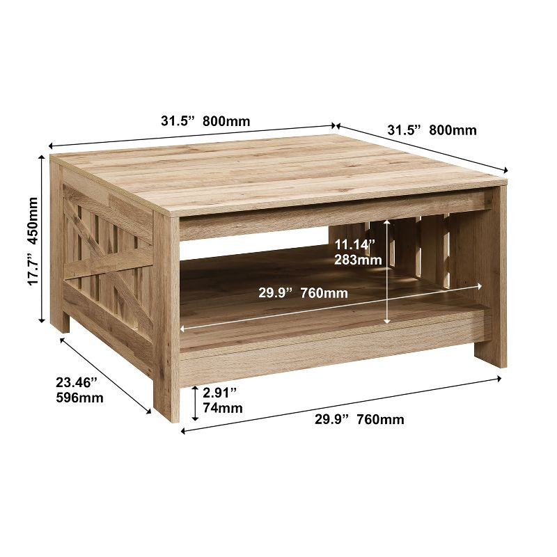 AndMakers 31.5 in. Farmhouse Oak Square Coffee Table with Open Storage for Living Room