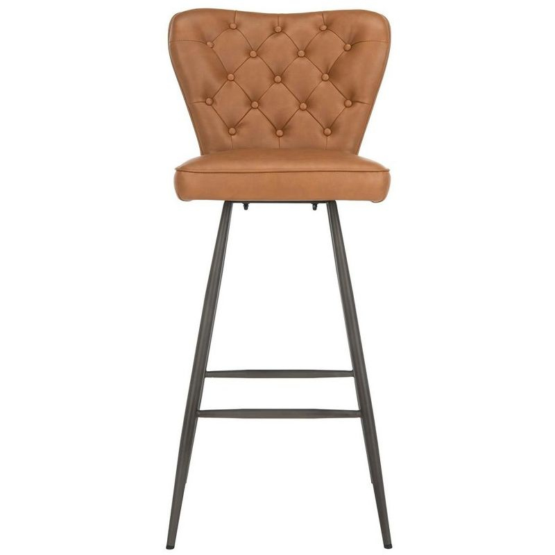 Aster 30"H Mid-Century Modern Leather Tufted Bar Stool (Set of 2) - FOX1703 - Camel - Safavieh Couture