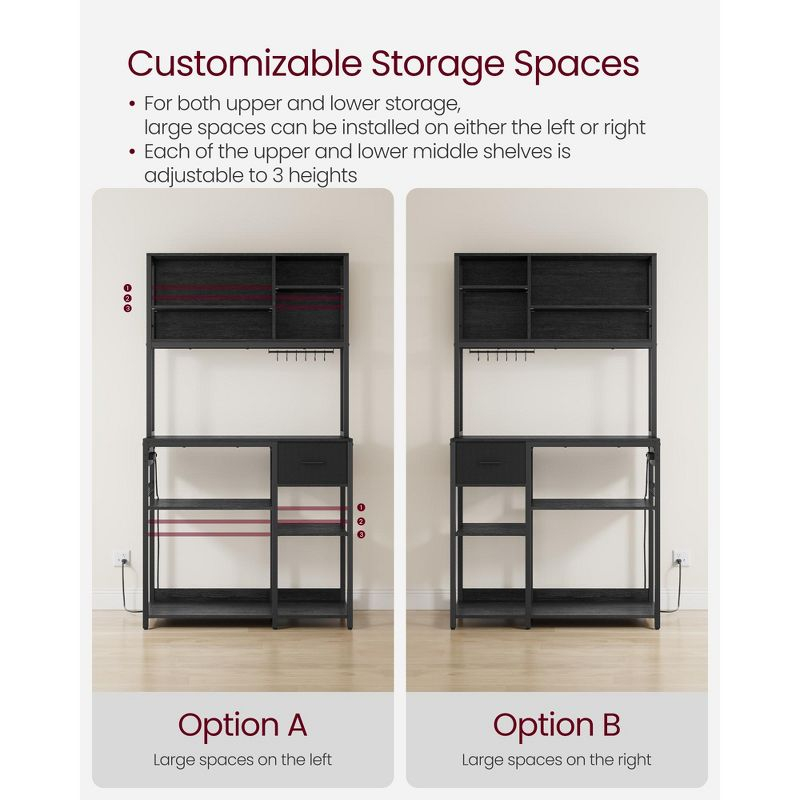 VASAGLE Bakers Rack with Charging Station, Coffee Bar with Adjustable Storage Shelves, 15.7 x 39.4 x 71 Inches, Kitchen Microwave Stand, Charcoal Gray