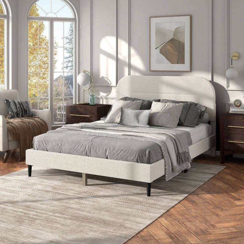 24/7 Shop At Home Queen Heartwild Modern Boucle Upholstered Rounded Platform Bed White: Padded Headboard, No Box Spring Required