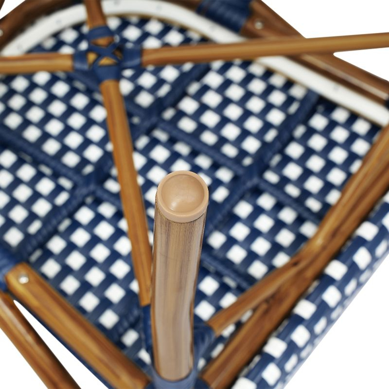 Emma & Oliver Soie Set of 2 Indoor/Outdoor Stacking Thonet Bistro Style Chairs w/ Arms, Navy & White PE Rattan Seat & Nat Bamboo Finished Metal Frame