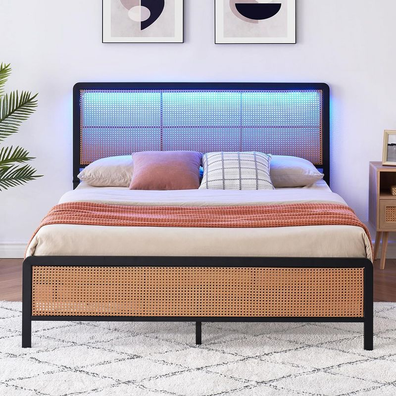 Garvee Rattan Platform Bed Frame Full Size with Headboard Led Light, Modern Style Cane Boho Bed Frames with Steel Slat Support, Black