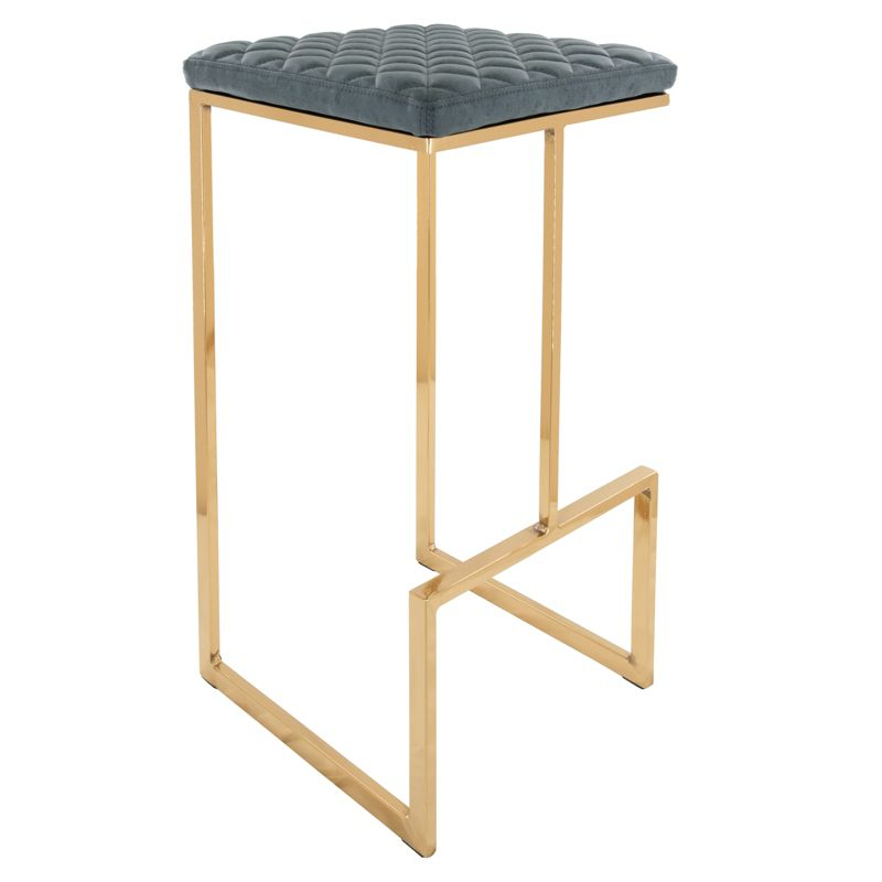 LeisureMod Quincy Modern Quilted Leather Bar Stool – Gold Metal Sled Base Counter Height Chair for Kitchen Island and Counter Seating - Set of 2
