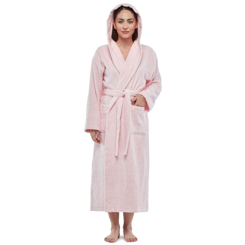 Arus Women's Turkish Terry Cotton Hooded Robe, Full Length Long Bathrobe with Hood , Rose , X Small