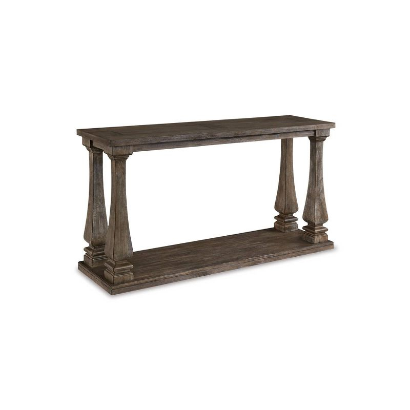 Johnelle Sofa Table Gray: Distressed Elm Veneer, Square Baluster Legs - Signature Design by Ashley